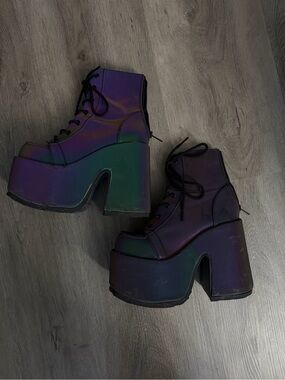 Demonia Iridescent Purple Platform Lace-Up Ankle Boots